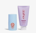 Body care duo from Topicals featuring the High Roller Ingrown Tonic in light blue alongside the Slather Body Serum in lavender displayed side by side on a white background.